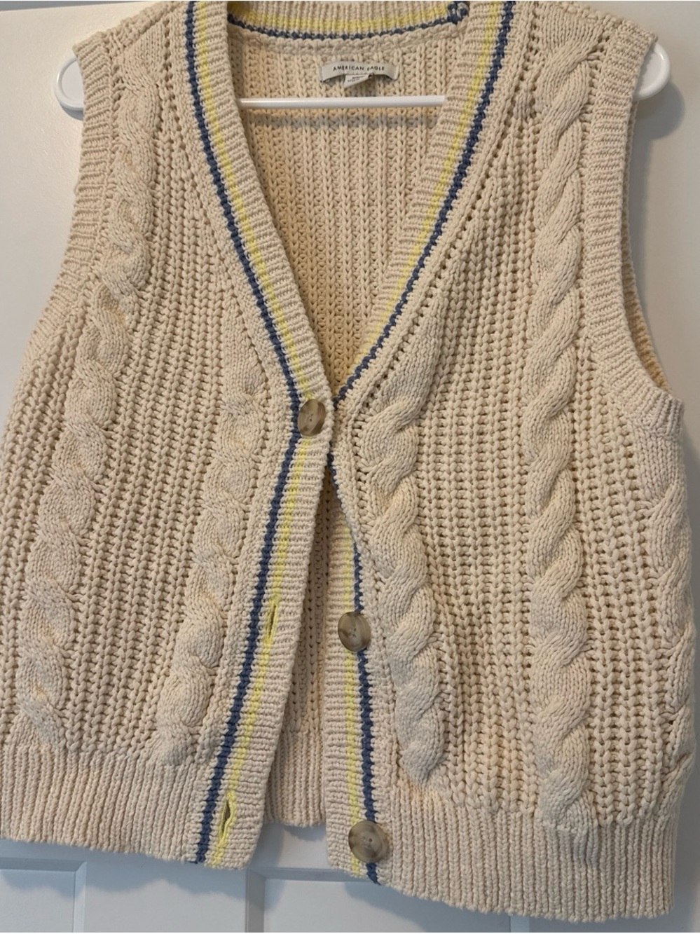 American Eagle Outfitters Cream Cable Knit Vest with Navy & Yellow Trim - Picture 1 of 2